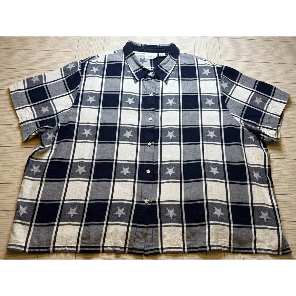 Fashion Bug Womens Retro‎ Navy White Star Plaid Star Buttons Short Sleeve Top